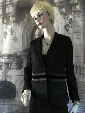 St. John Evening Suit Blue/Blk Santana Knit Sz 8 Silk & Velvet Trim Ruffle Skirt